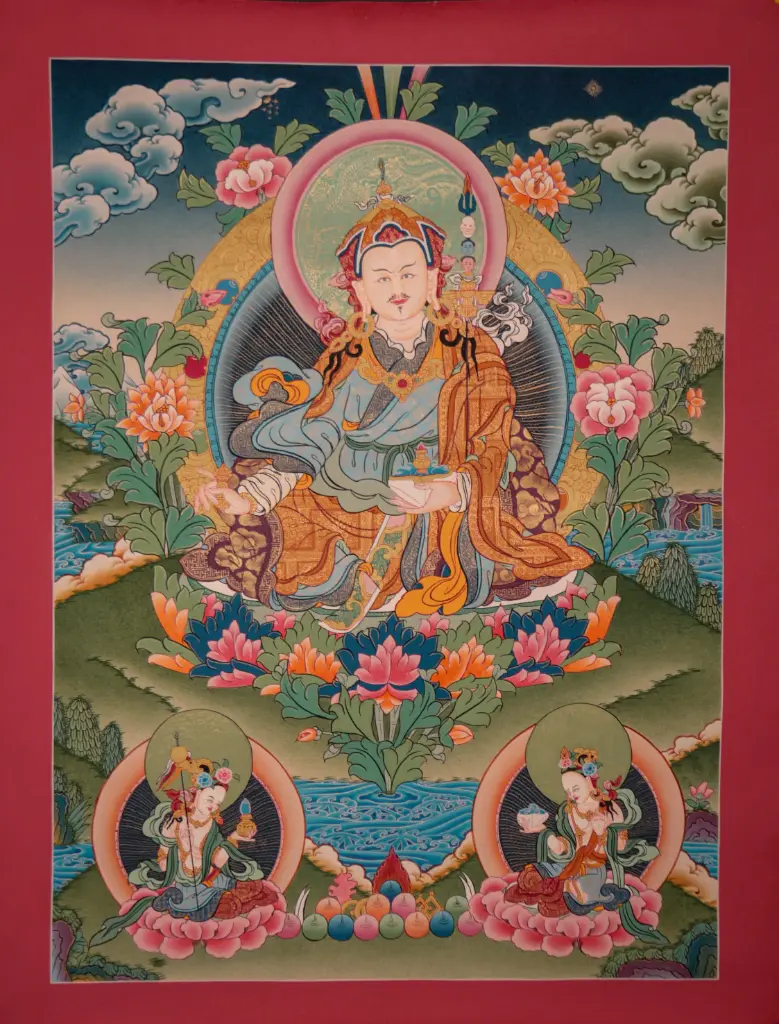 Guru Rinpoche Yeshe Tsogyal and Mandarva Thangka – Twin Consorts – Menri Tibet