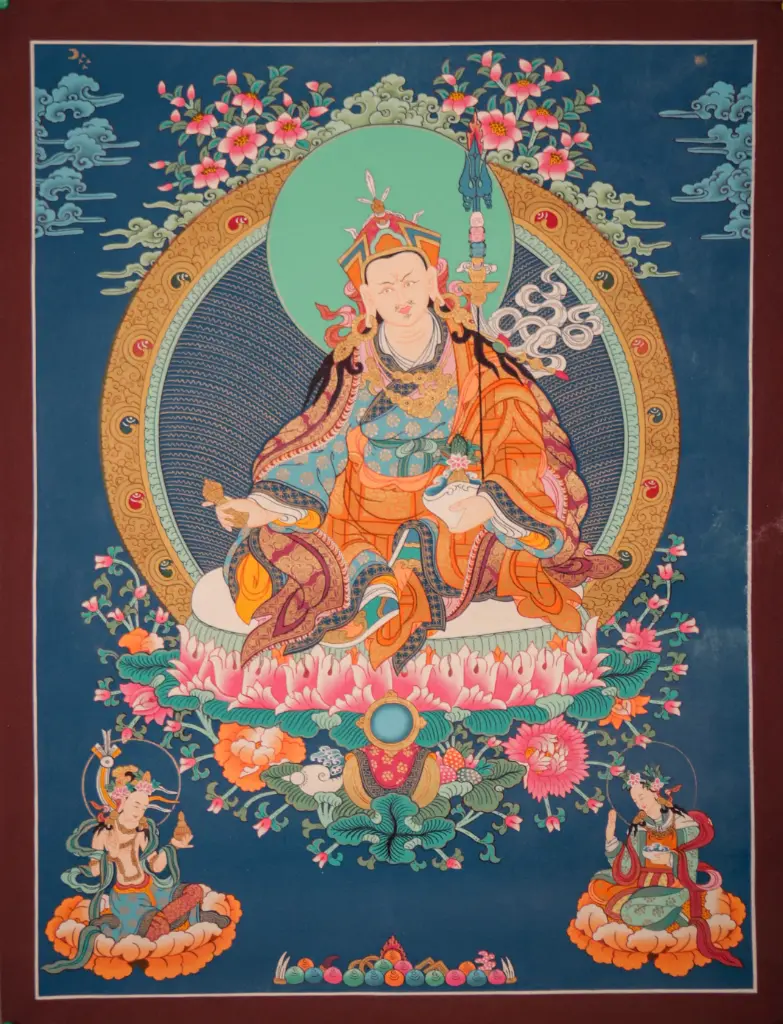 Guru Rinpoche Thangka – Lotus Born Master with Consorts – Contemporary Mixed Style 
