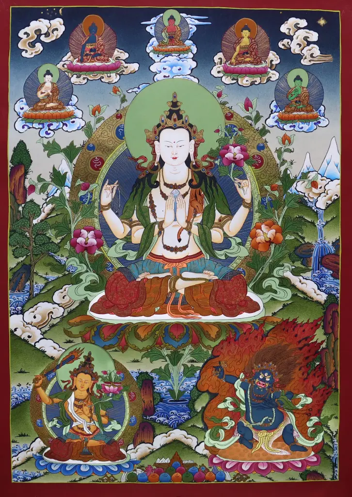 Consecrated Avalokiteshvara Thangka (Rigsum Gonpo & 5 Dhyani Buddhas)