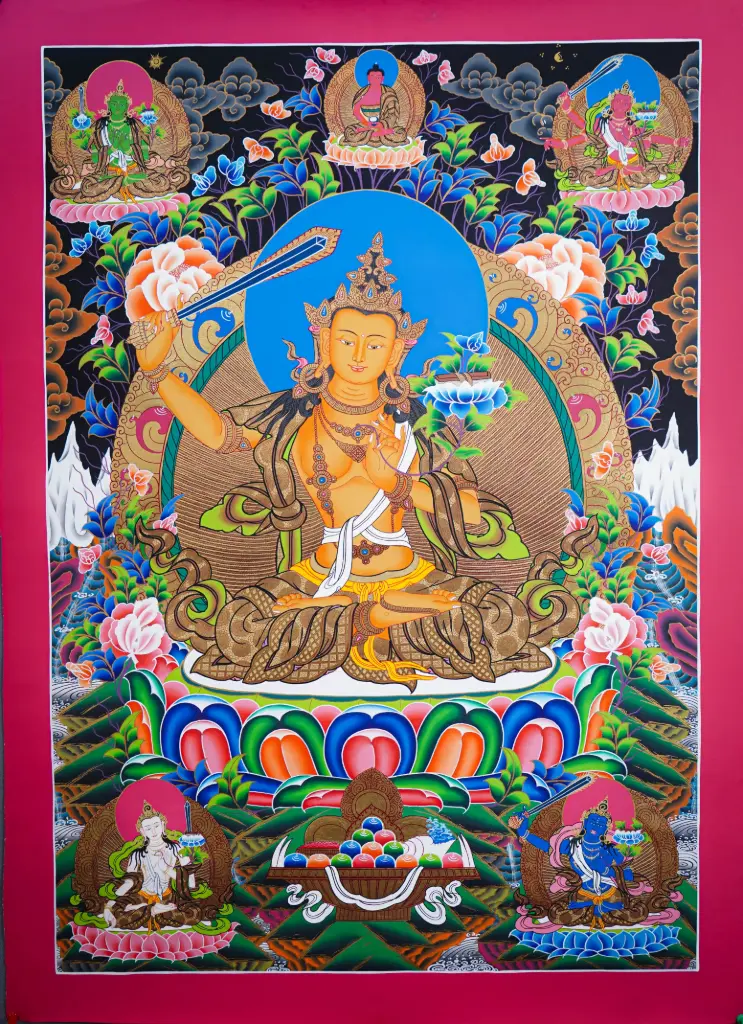 Five-Fold Golden Manjushri Thangka (Flaming Sword of Wisdom)