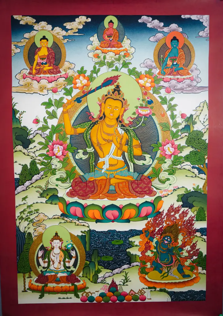 Manjushri, Chenrezig & Vajrapani Consecrated  Thangka With Amitabha, Shakyamuni & Medicine Buddha