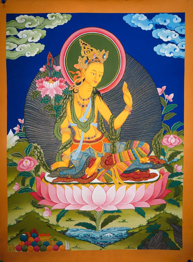 Golden Manjushri Thangka – Lotus Throne – Gentle Wisdom in Bloom