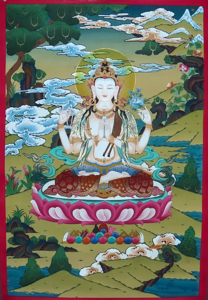 Four-Armed Chenrezig Thangka (Karma Gadri Masterpiece)
