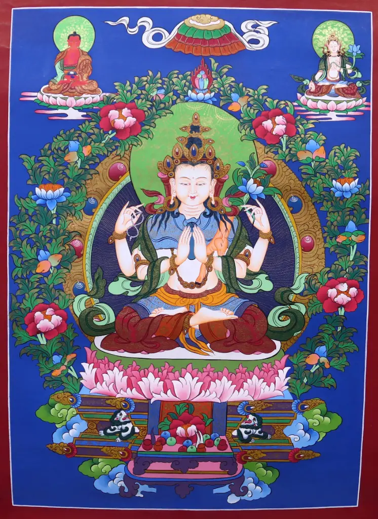 Consecrated 4-Armed Chenrezig Thangka (With Amitabha & White Tara) The Trinity of Compassion