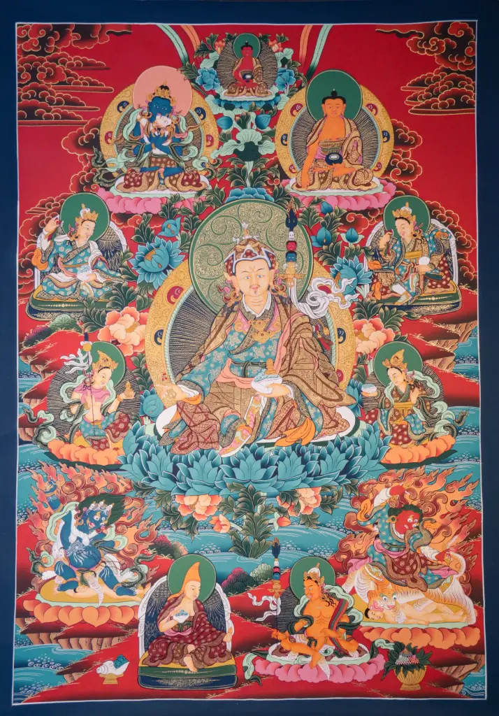 Guru Rinpoche Thangka – Red Menri Terrestrial – The Eight Manifestations