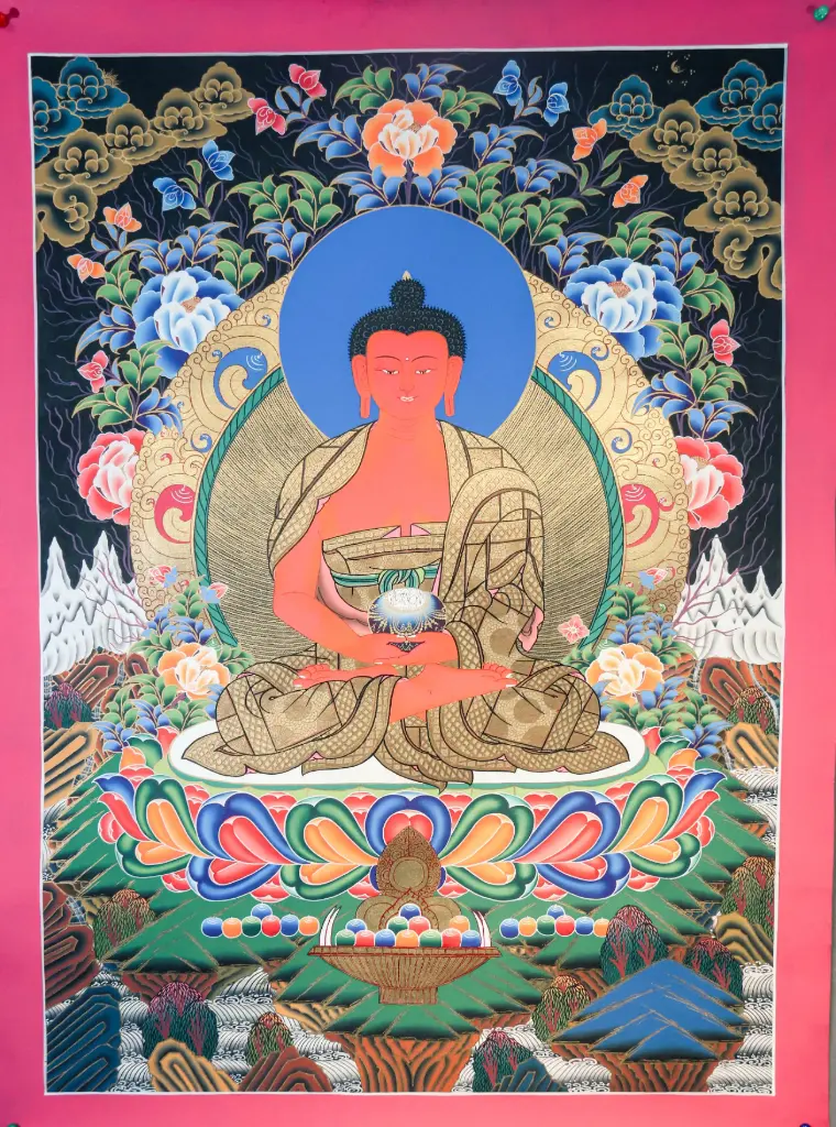 Amitabha Buddha Thangka – Black & Gold Style – Infinite Light & Longevity