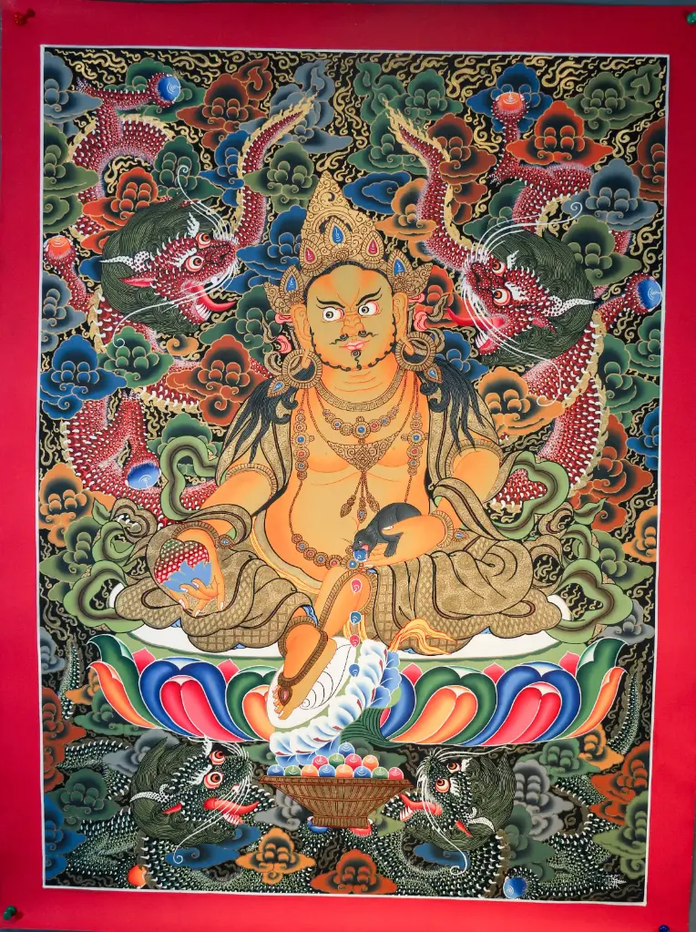 Yellow Jambhala Thangka – Celestial Dragon Assembly