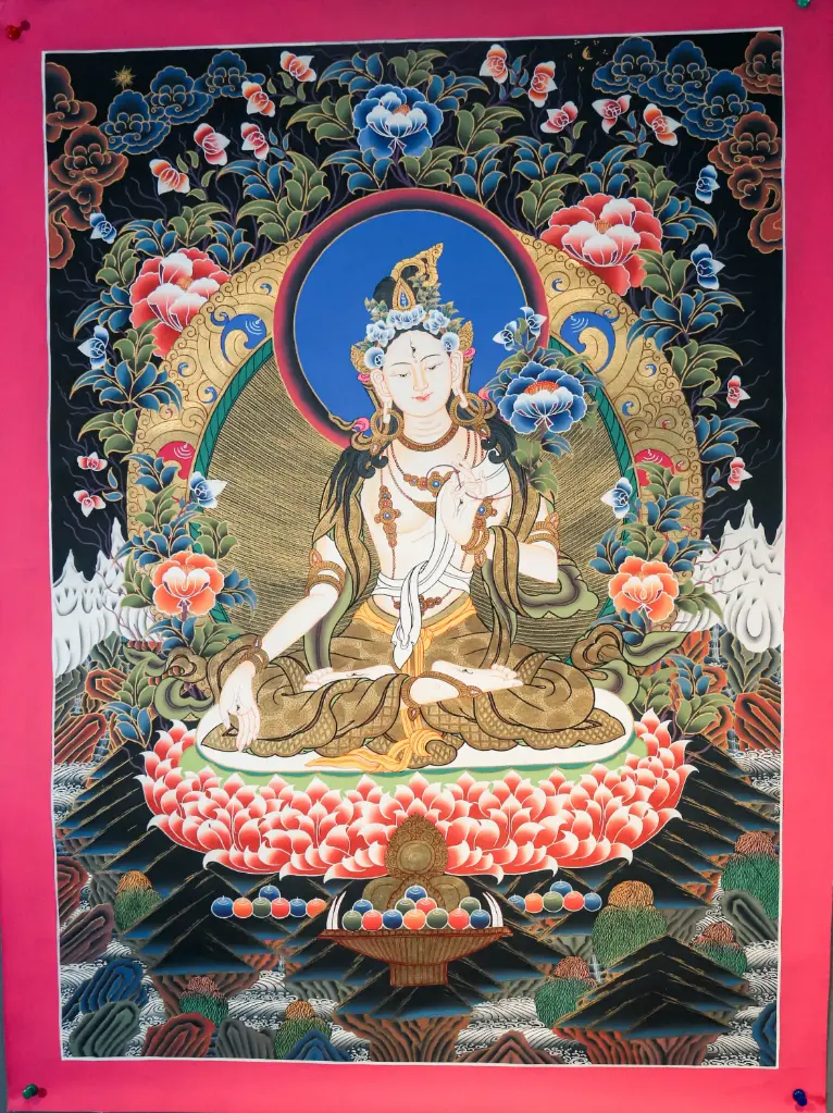 White Tara Thangka – Menri Style Landscape 