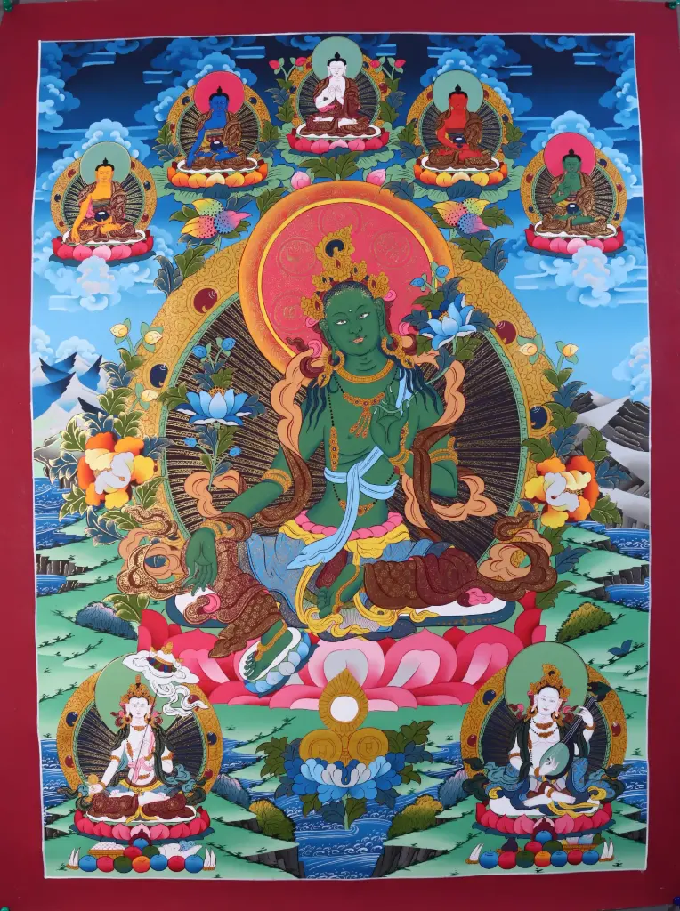 Green Tara Thangka – Five Dhyani Assembly