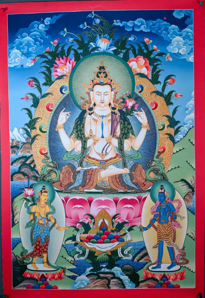 Chenrezig Thangka with Manjushri & Vajrapani – Menri Landscape