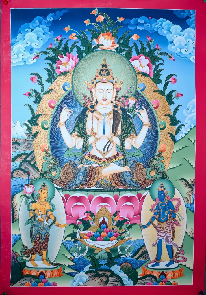 Chenrezig Thangka with Manjushri & Vajrapani – Menri Landscape Antique