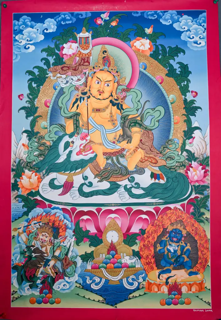 Vaisravana Thangka – White Snow Lion – Guardian of Sacred Wealth