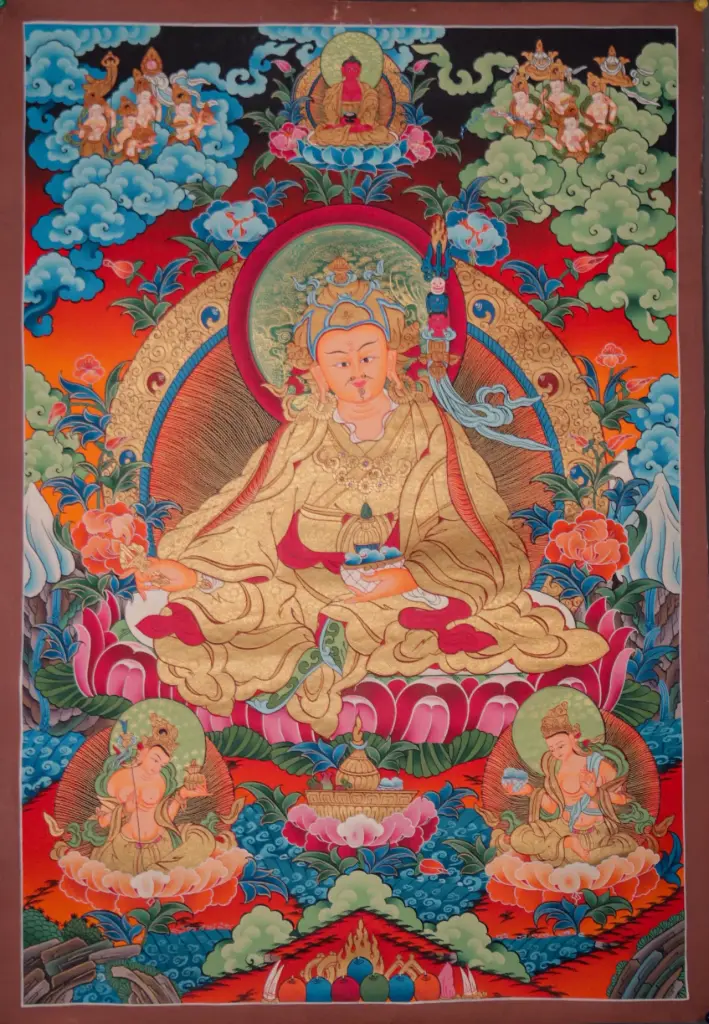 Guru Rinpoche with Yeshe Tsogyal & Mandarva with Blessing of Amitabha Buddha Thangka
