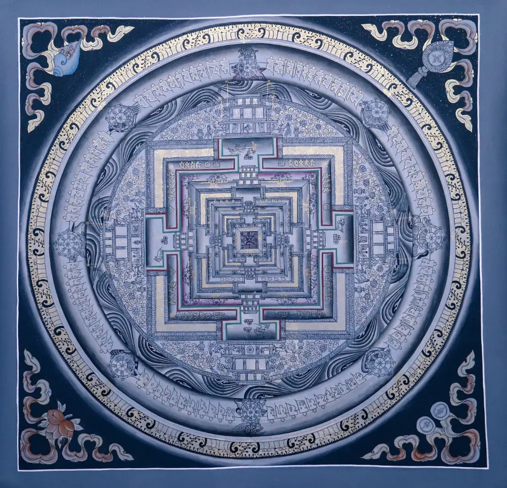 Grey Kalachakra Mandala Thangka — Sacred Palace of Time on Black Ground