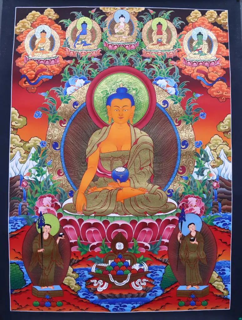 Shakyamuni Buddha Thangka – Red Ground Masterpiece with Five Dhyani Buddhas