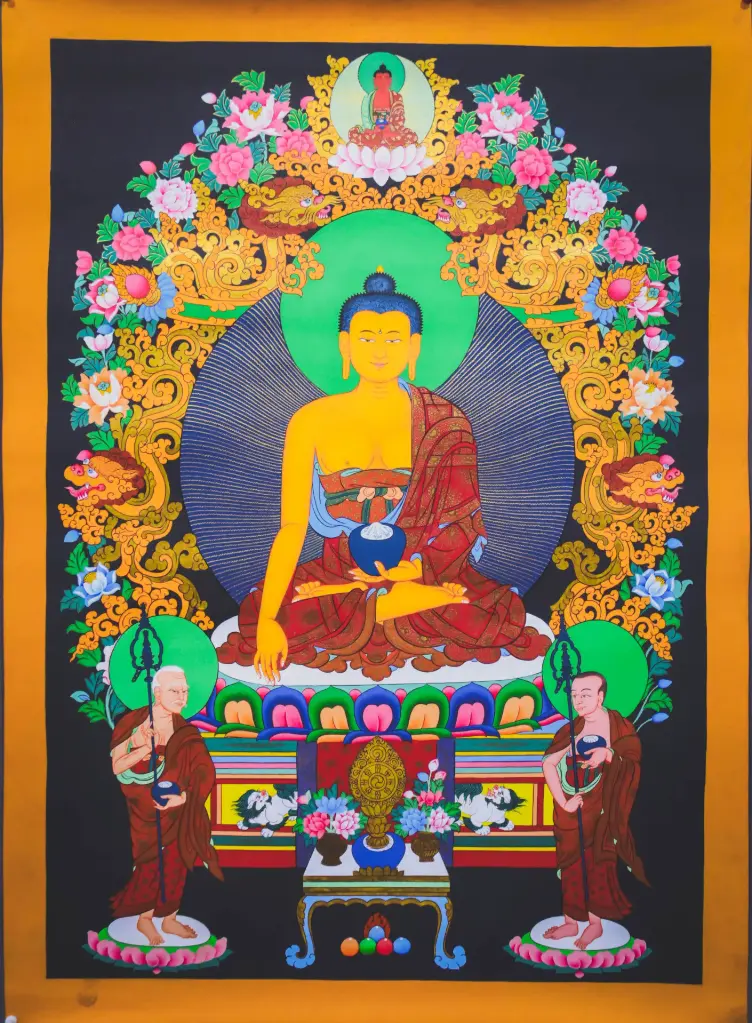 Shakyamuni Buddha Thangka – Lion Throne Assembly – Blessing of Amitabha Light