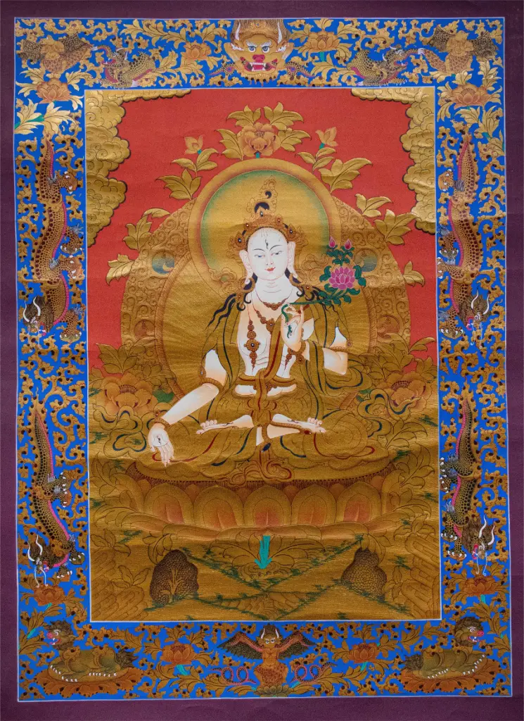 White Tara Thangka (Consecrated Red Marthang with Gold Dragons)