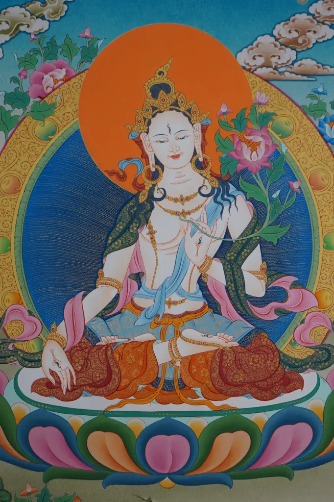 White Tara Thangka – Menri Landscape