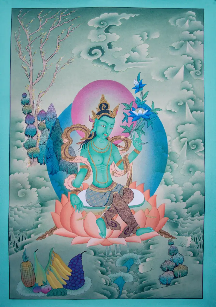 Green Tara Thangka – Terrestrial Menri Side-Turned