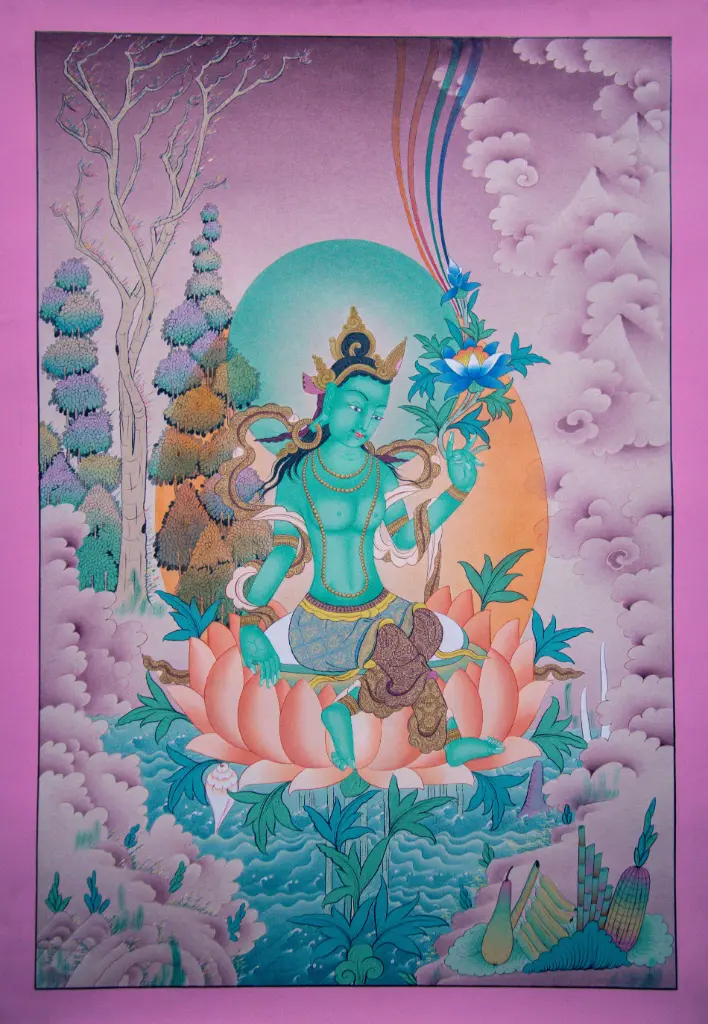 Green Tara Thangka – Terrestrial Menri Side-Turned