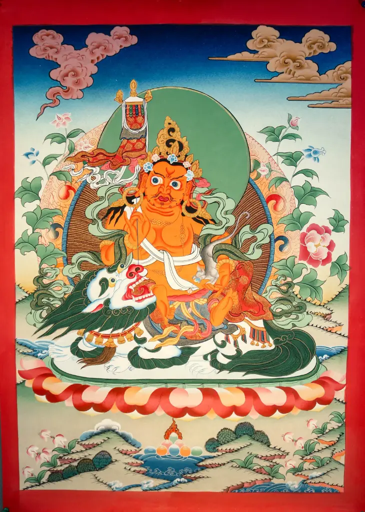 Vaishravana Thangka – Wealth Deity on Snow Lion – Guardian of Abundance
