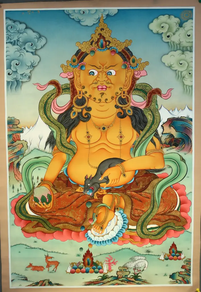 Yellow Jambhala Thangka – Radiant Wealth Landscape