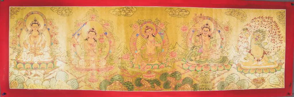 Green Tara, Amitayus, Manjushri, Vaishravana & Vajrapani Thangka – Golden Lateral Masterpiece 