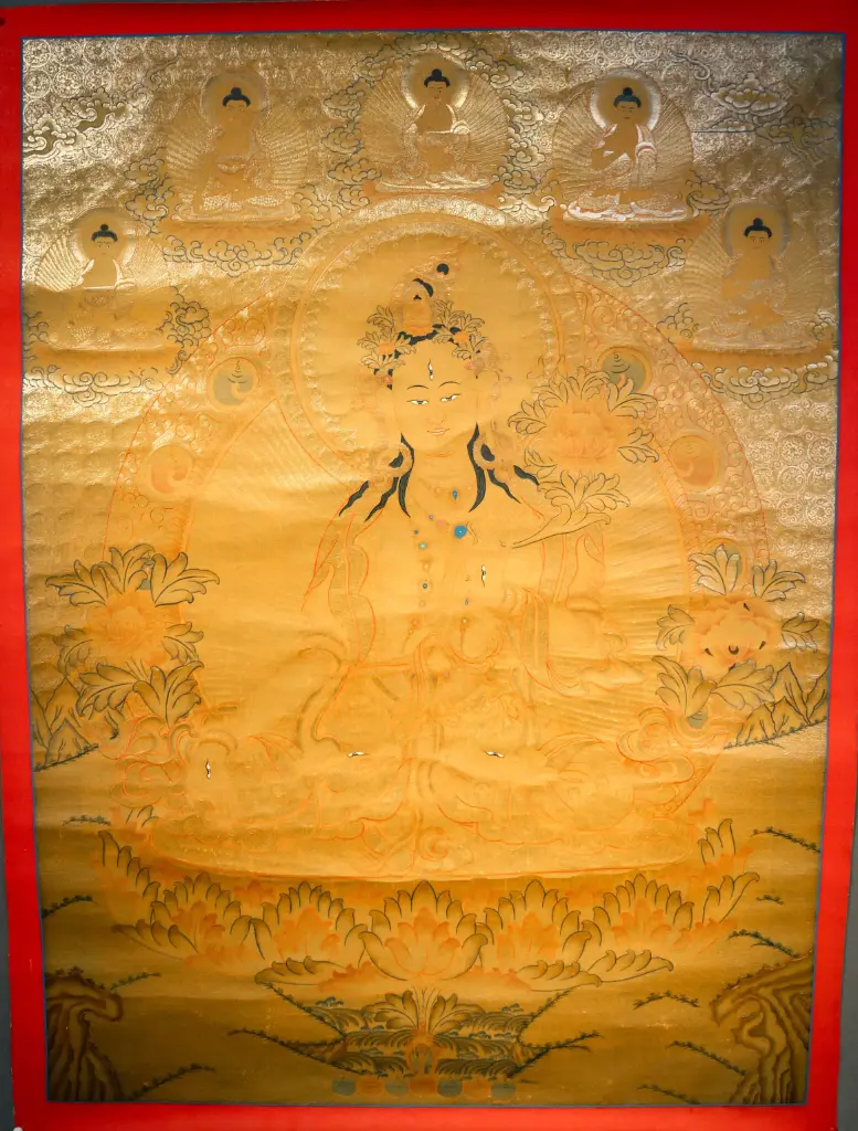 White Tara Thangka – Five Dhyani Gold Assembly – Radiant Source of Longevity