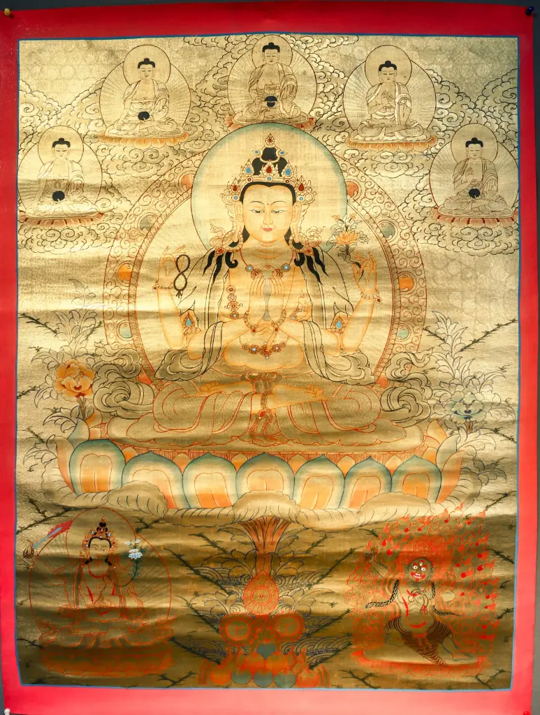 Chenrezig Thangka – 24K Gold Serthang – The Heart of Awakened Compassion