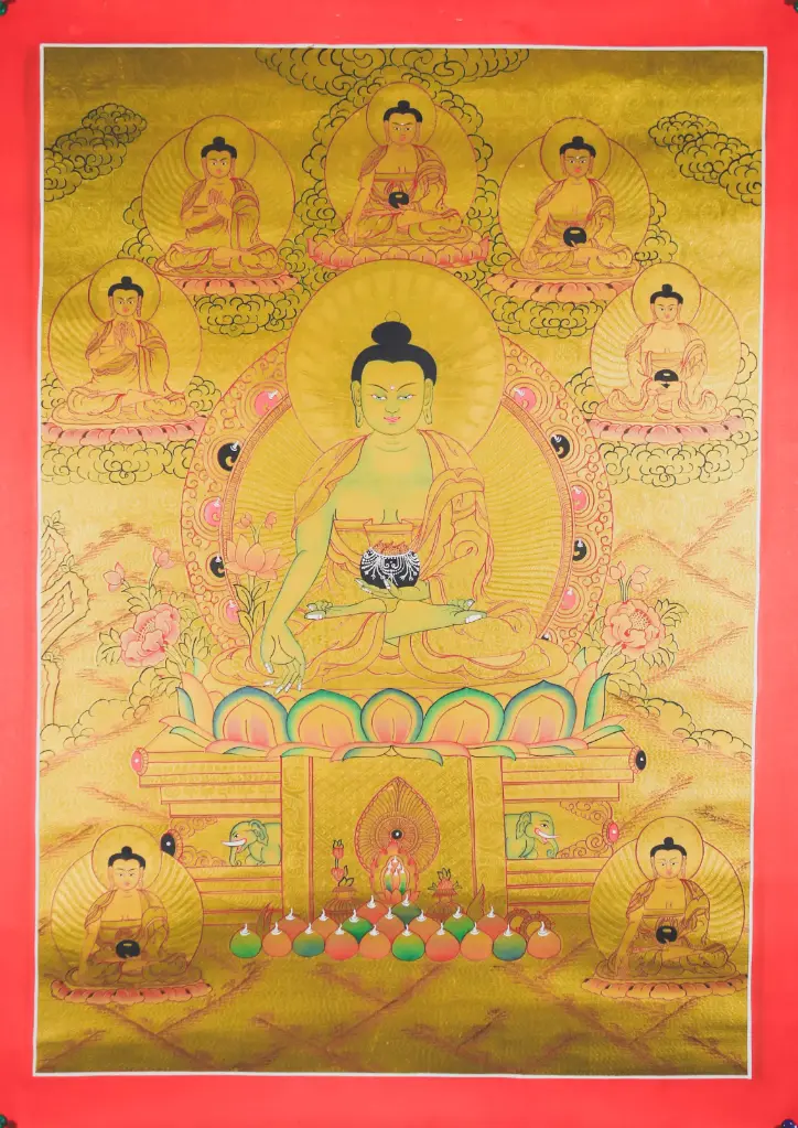 8 Medicine Buddhas Thangka – Golden Serthang – Ultimate Healing Assembly