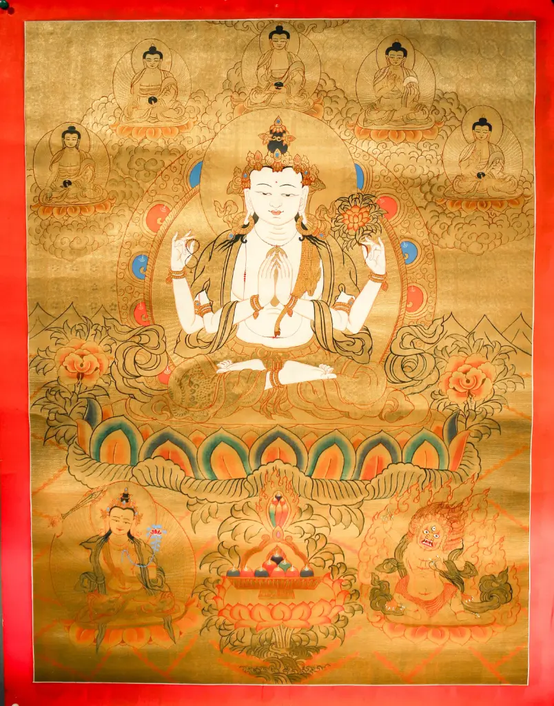 Chenrezig Thangka – 24K Gold Serthang – The Heart of Awakened Compassion