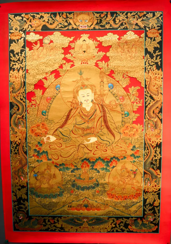 Guru Padmasambhava Thangka – The Red & Golden Trinity