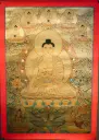 Golden Shakyamuni Buddha Thangka with Vairochana, Akshobhya, Ratnasambhava, Amitabha & Amoghasiddhi