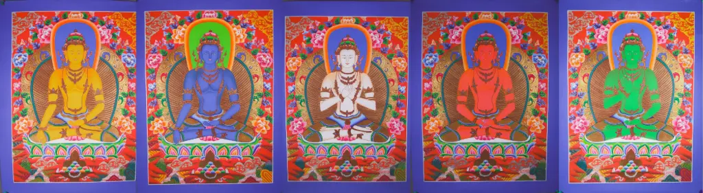 Five Dhyani Buddhas Thangka Set – Red Marthang Style – Vibrant Energy of Awakening