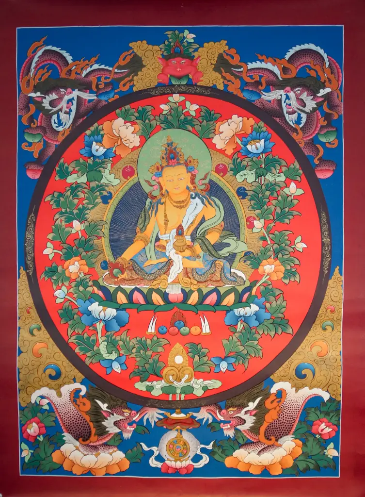 Ksitigarbha Thangka – Red Floral Circle Mandala 