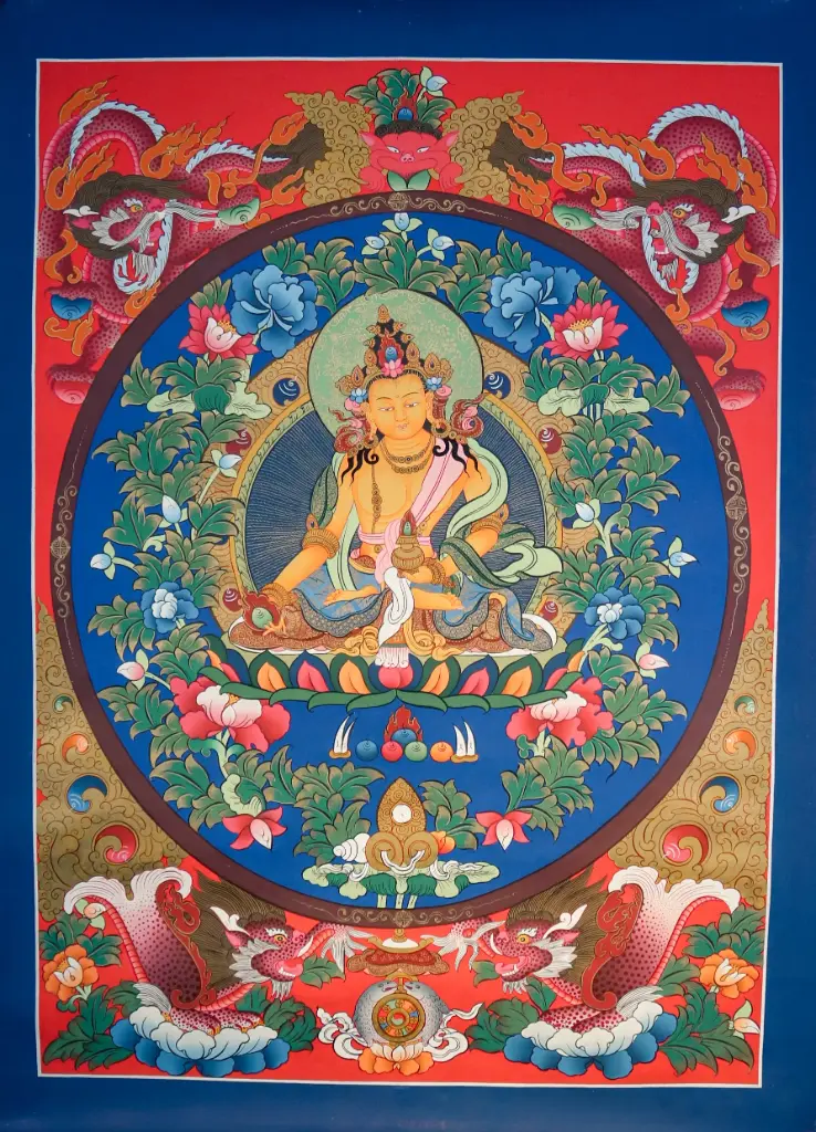 Ksitigarbha Thangka – Blue Floral Circle Protector