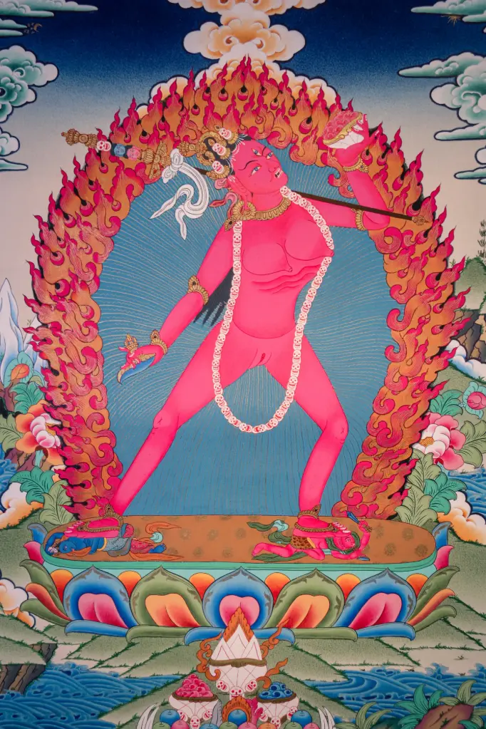 Vajrayogini Thangka – Scarlet Wisdom – Menri Landscape Style